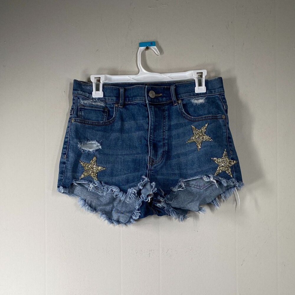 Express Shortie Short Denim Women's 8 High Rise Blue Distressed Star